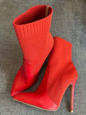 London Rag Red Sock Booties Womens Size 7 Pointed Toe Stiletto Knit Ankle Boots